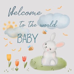 Print for baby's birthday, hello baby, poster for children's room , poster with bunny and flowers