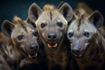 Tuinposter Retrato de tres cabezas de hienas juntas con la boca semi abierta y fondo de color negro. Animales salvajes en libertad. © BONI