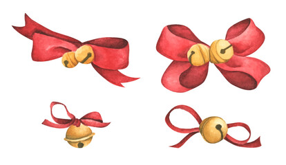 Christmas decorations - red ribbons and bells. Watercolor illustration.