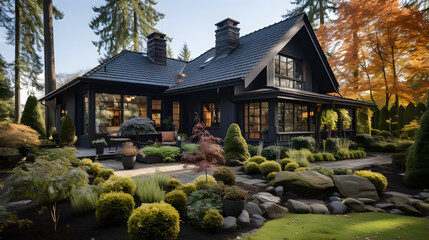 White family house with black pitched roof tiles, and beautiful front yard with green lawn - obrazy, fototapety, plakaty