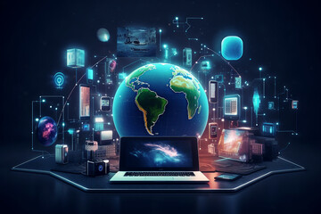 technology devices and icons connected to digital planet earth
