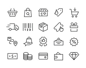 shopping. ecommerce, shop, sale, store line icon set online shopping, contactless delivery line icons set, editable stroke isolated on white, linear vector outline illustration, symbol logo design