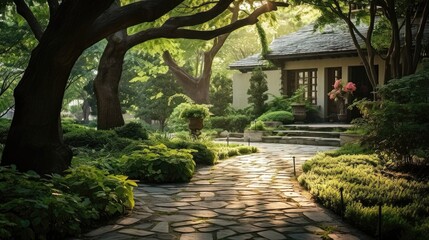 Fototapeta na wymiar Journey Through Time: A Nostalgic and Timeless Home Garden and Pathway. Generative AI 3