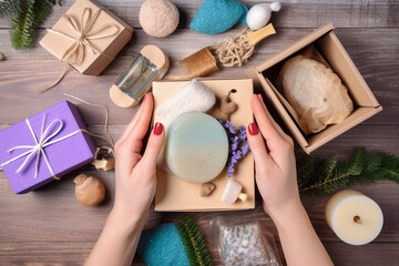 Female hand holds care box of natural cosmetics