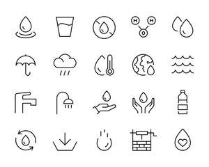 Water icon set Filter, Moister, Water Tap. water , natural, pool, mineral water, ocean line icons set, editable stroke isolated on white, linear vector outline illustration, symbol logo design style