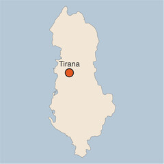Map of Albania and its capital city of Tirana on beige