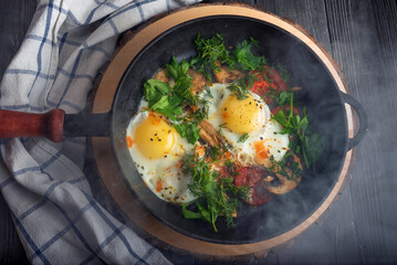 Fried eggs with tomato, mushrooms and seasons and spices in a frying pan on a wooden background