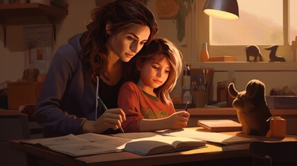 Fototapeta na wymiar Mom helps the child to do homework