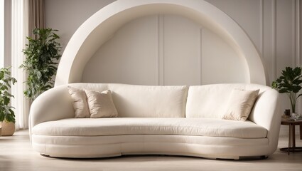 white sofa with a curve in the room. Modern living room interiors with minimal decor