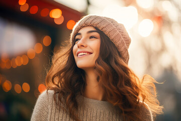 Beautiful young woman portrait smiling outdoors. Cold autumn winter season. Happiness, calm, wellness. - Powered by Adobe