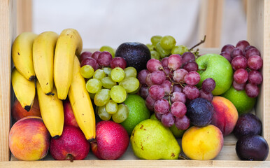 Fruits photography. A wood shelf full with bio fresh fruits like bananas, apples, grapes, nectarines, plums and pears.