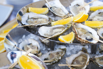 Oysters photography. Close up photo with some finger food oysters next to lemons in ice decor at a luxurious event. Tasty shell seafood.