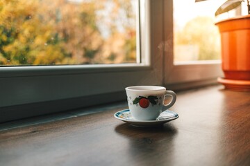 Hot cup of tea in bright light morning by the window.