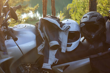 motorcycle and helmet, motorcycle equipment close-up