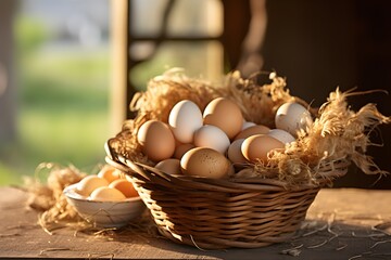 Basket of chicken eggs at farm countryside.