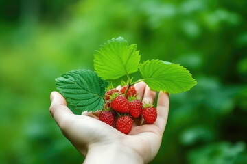 closeup hand hold berry with green nature background