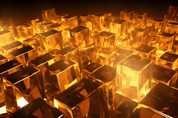 Golden crystals, glass cubes wallpaper, gold crystals background with abstract light shine in 3D