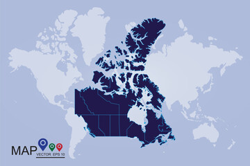 Map of Canada. High detailed vector map - Canada.Detailed vector map with counties, regions, province, states. Blue shape/contour map of Canada. - Vector