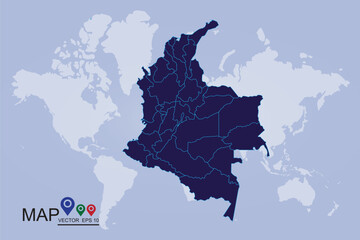 Map of the country of Colombia, High Detailed Blue Map of Colombia isolated on white background. Vector illustration eps 10.