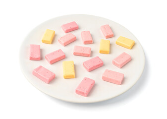 Fruit Chews Isolated, Pink Chewable Candies, Fruit Chew Candy Pile, Square Taffy, Colorful Gummy...