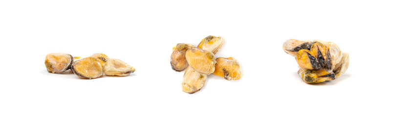 Frozen Mussels Pile Isolated, Unshelled Clam, Frozen Peeled Mussel, Cold Mussels Meat, Iced Seafood