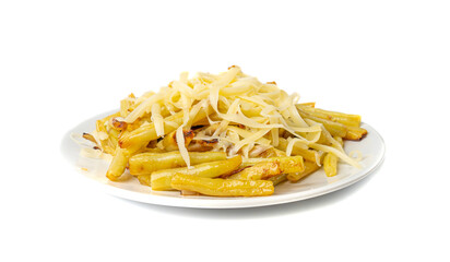Fried French Beans, Cooked Yellow Pods with Grated Cheese, Healthy Diet Vegetables on White Background