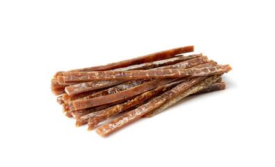 Fish Jerky Isolated, Dry Salted Seafood Snack, Hake Stockfish, Small Pieces of Dehydrated Pollock