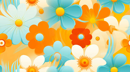 Fototapeta na wymiar Seamless 70s Retro floral Style poster art with flowers, and retro colors such as orange, pale blue, yellow and greens. Background wall art. Repetitive texture.