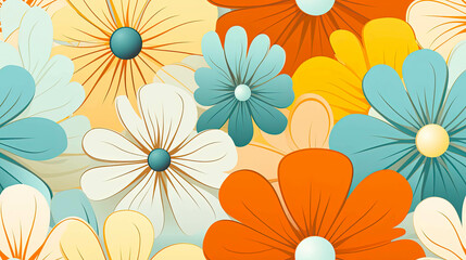 Seamless 70s Retro floral Style poster art with flowers, and retro colors such as orange, pale blue, yellow and greens. Background wall art. Repetitive texture.