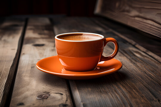 Rustic Orange Coffee Cup with White Foam on a Wooden Table