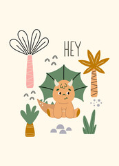 Dino Hey quote. Cute dinosaur color vector character. Baby illustration of dino in cartoon style. Childish art for nursery, poster, textile and kids apparel.