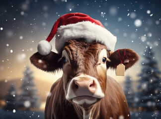 New Year animal concept, a pet during the Christmas winter holidays. The holidays are coming, a happy cow dressed as Santa brings gifts to good children.