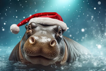 New Year animal concept, a pet during the Christmas winter holidays. The holidays are coming, a happy hippopotamus dressed as Santa brings gifts to good children.