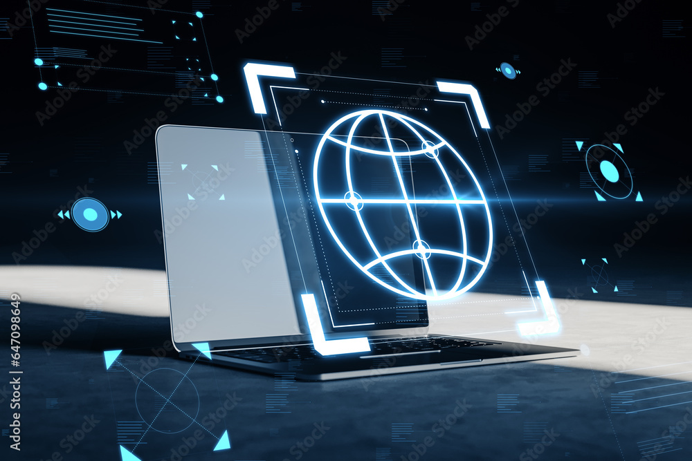 Aufkleber Close up of laptop with creative hacking interface on dark background. Code window high tech UI and spyware concept. 3D Rendering.