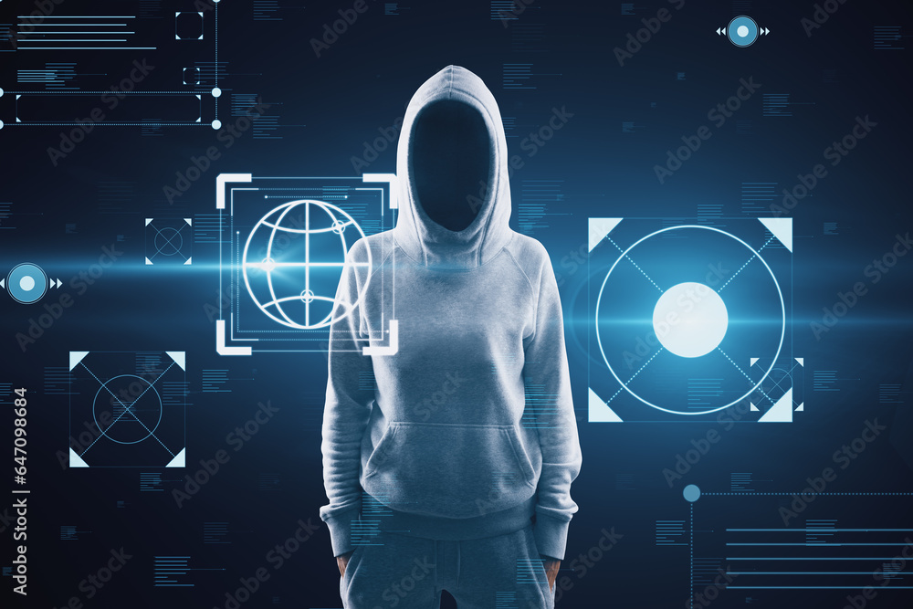 Aufkleber Hacker with creative hacking interface on dark background. Code window high tech UI and spyware concept.