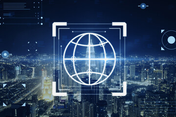 Creative hacking interface on blurry night city background. Code window high tech UI and spyware concept. Double exposure.