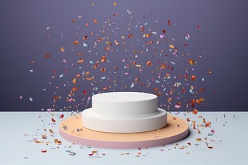 An illustration of a festive holiday shopping podium with ribbon accents. Made with generative AI technology