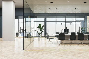 Bright coworking office interior with wooden parquet flooring, furniture, window with city view, glass partitions and other objects. 3D Rendering.