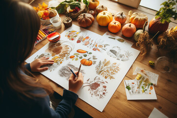 Naklejka na ściany i meble child drawing a picture of things they are thankful for on Thanksgiving. AI generated