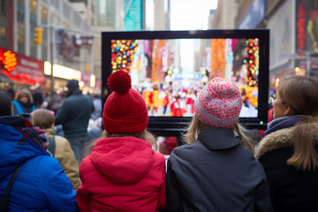 friends and family watching the Macy's Thanksgiving Day Parade on television. AI generated