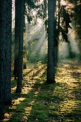 Mysterious forest with rays of the sun