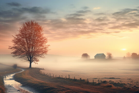 Thanksgiving morning scene with a serene sunrise over a rural landscape. AI generated