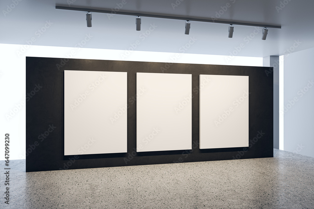 Aufkleber Modern concrete gallery interior with clean white mock up frames on black wall. Art and display concept. 3D Rendering.
