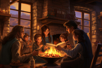 cozy family gathering by the fireplace with loved ones sharing stories on Thanksgiving Day. AI generated