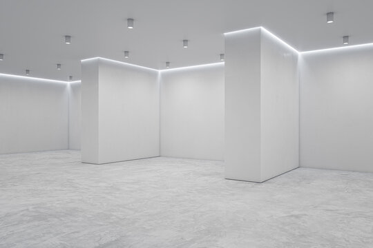 Clean light concrete gallery interior with mock up place on wall. Art and display concept. 3D Rendering.