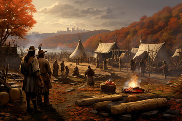 Native American and Pilgrim communities coming together in unity for the first Thanksgiving
