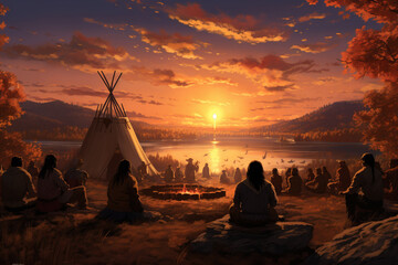Native American and Pilgrim communities coming together in unity for the first Thanksgiving