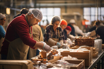 people volunteering at a food bank to help those in need during the Thanksgiving season. AI Generated