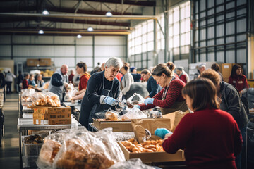 people volunteering at a food bank to help those in need during the Thanksgiving season