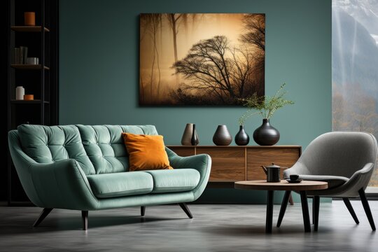 Elegant, contemporary home interior with cozy living room and stylish furnishings.Scandinavian living stile. 